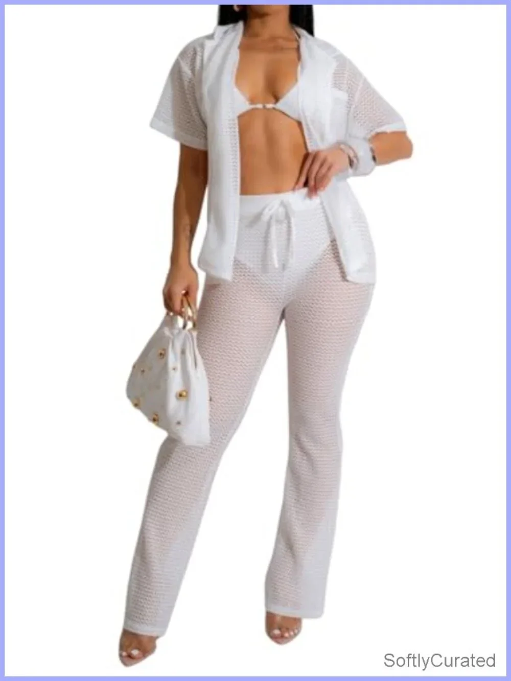 2 Piece Crochet Hollow Cover Up Set Button Up Top Drawstring Wide Leg Pants